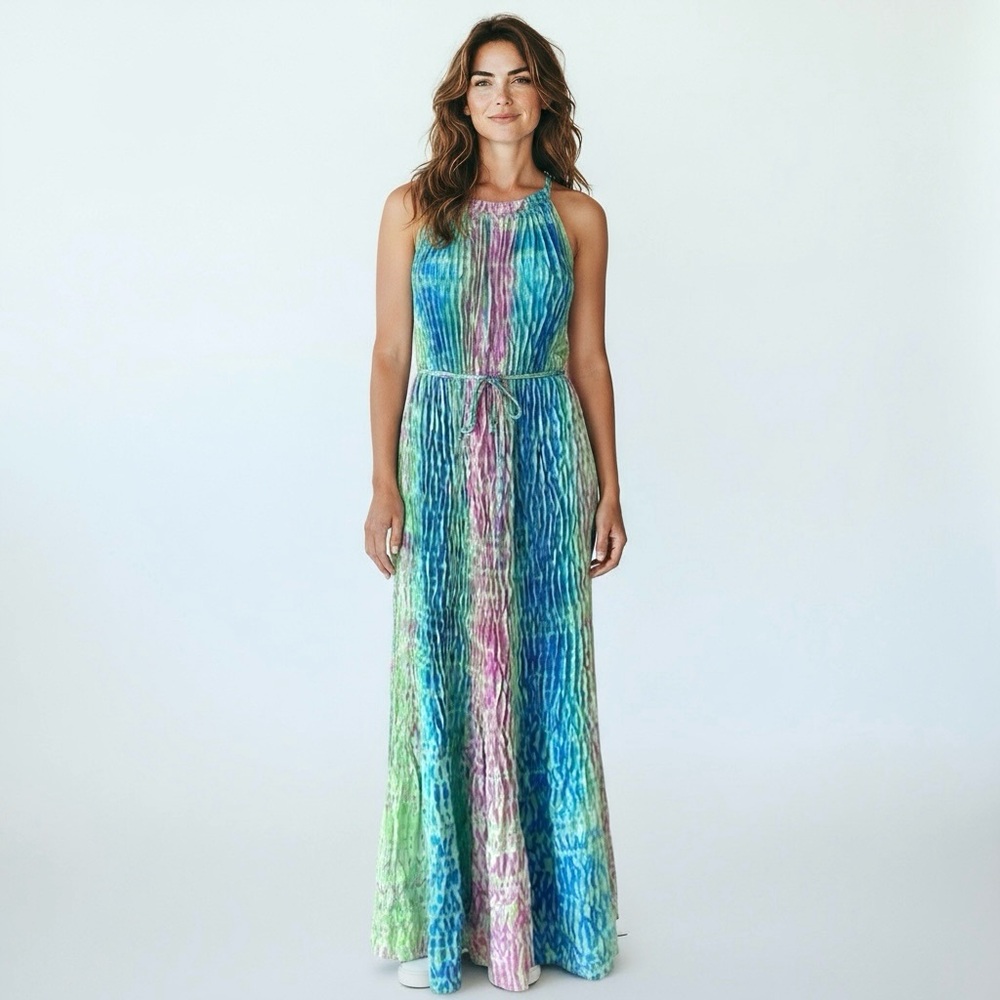 CALYPSO ST BARTH  100% Silk Pleated Maxi Dress Tie Dye Boho Blue Pink Green L - Picture 2 of 15